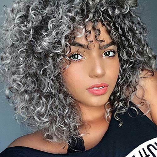 Sidaila Synthetic Afro Wigs for Women Short Kinky Curly Wig with Bangs Ombre Grey Heat Resistant Fiber Natural Hair for Black Women