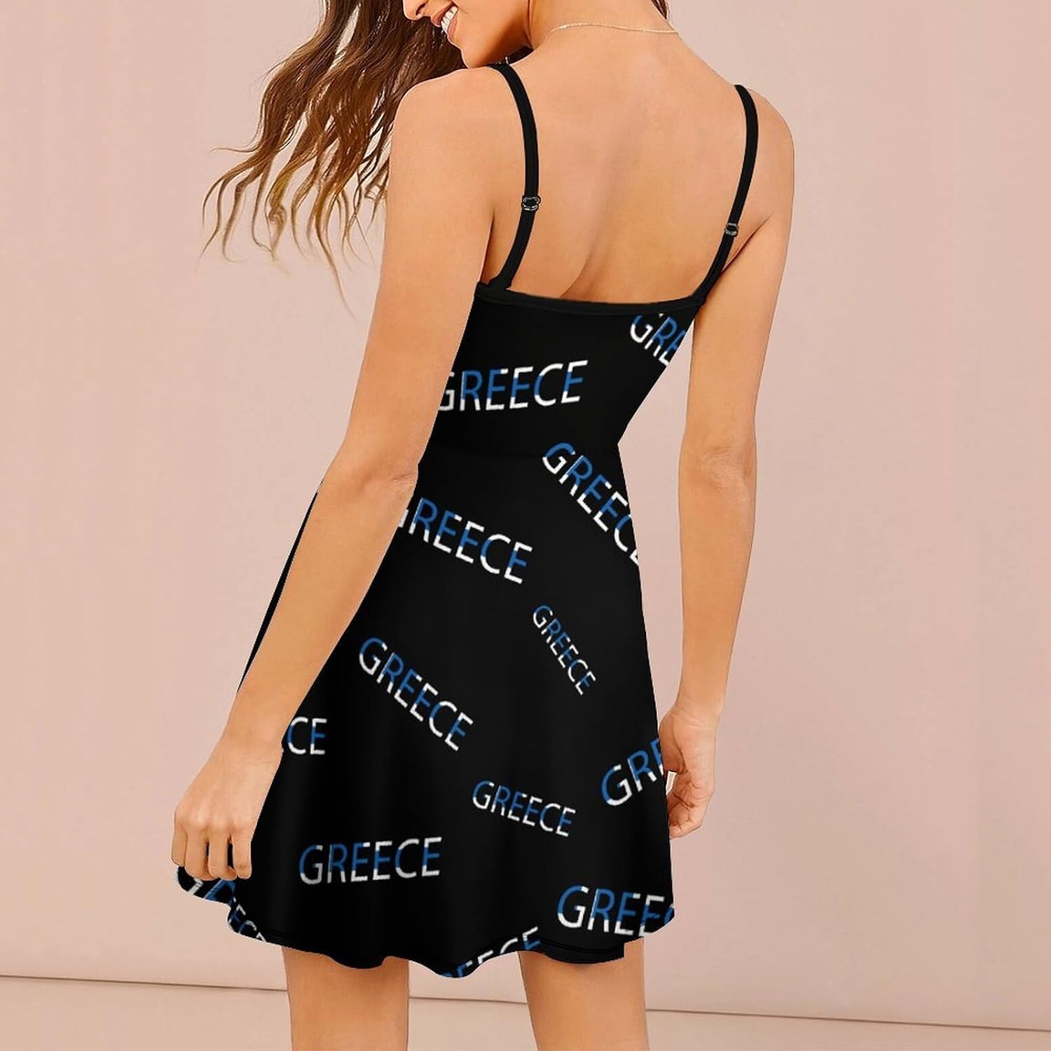 Greece Text Art Short Cami Dress for Women Adjustable Spaghetti Strap Flowy Sundress Beach Vacation