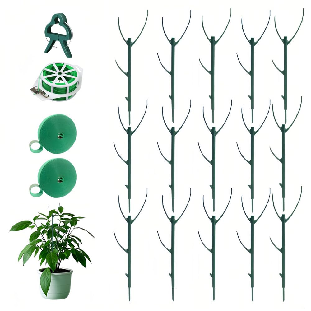 JOAASU 15 Pack Plant Support Stakes with 20m Binding Wire, 2x 2m Plant Ties & 10 Clips, Stackable Plant Sticks for Indoor & Outdoor Climbing Plants, Monstera, Pothos, Vine & Flower Garden Support