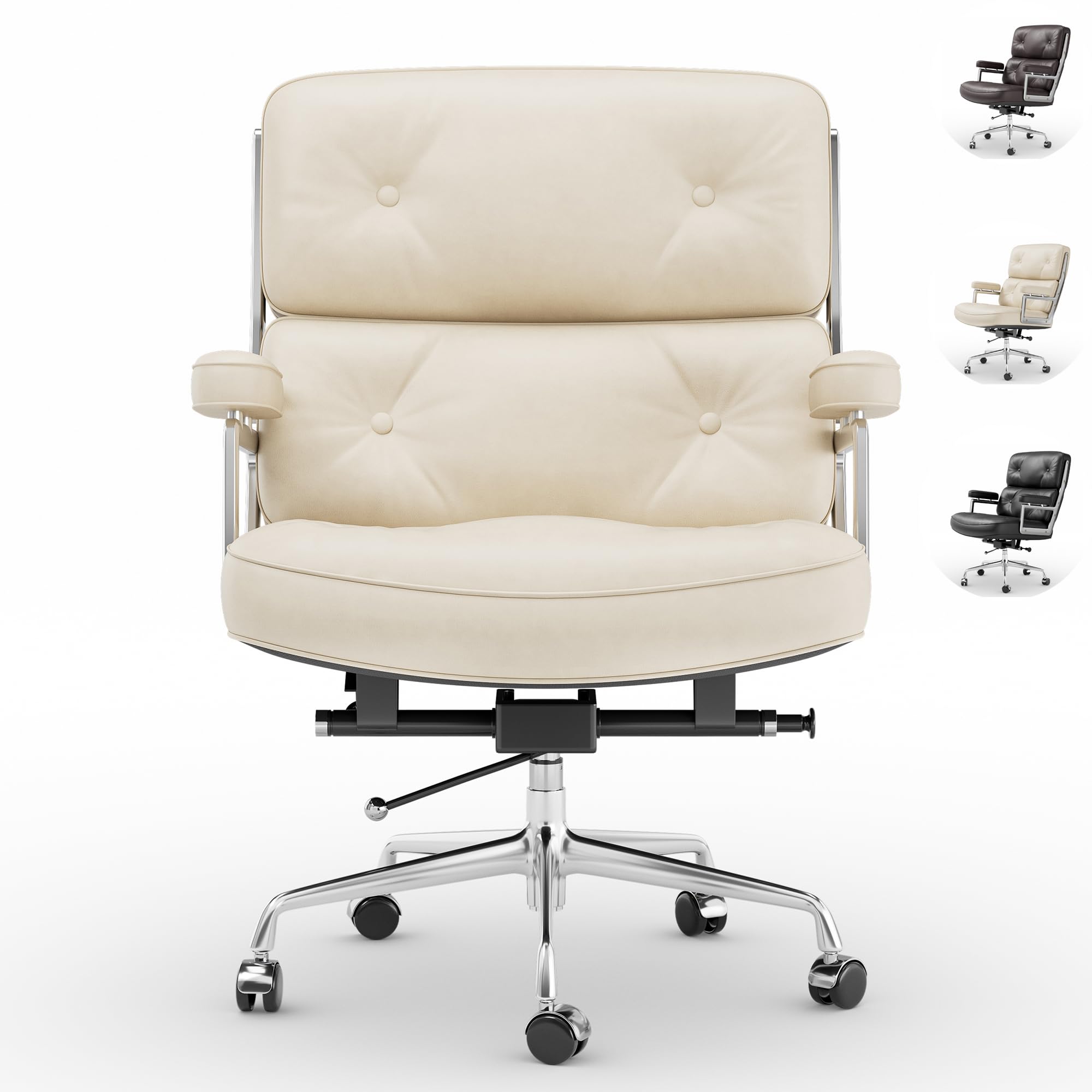 OTDMEL Home Office Chair with Top Grain Leather, Padded Armrests, Mid-Back Upholstered Executive Leather Desk Chair, Aluminum Frame, Adjustable Height