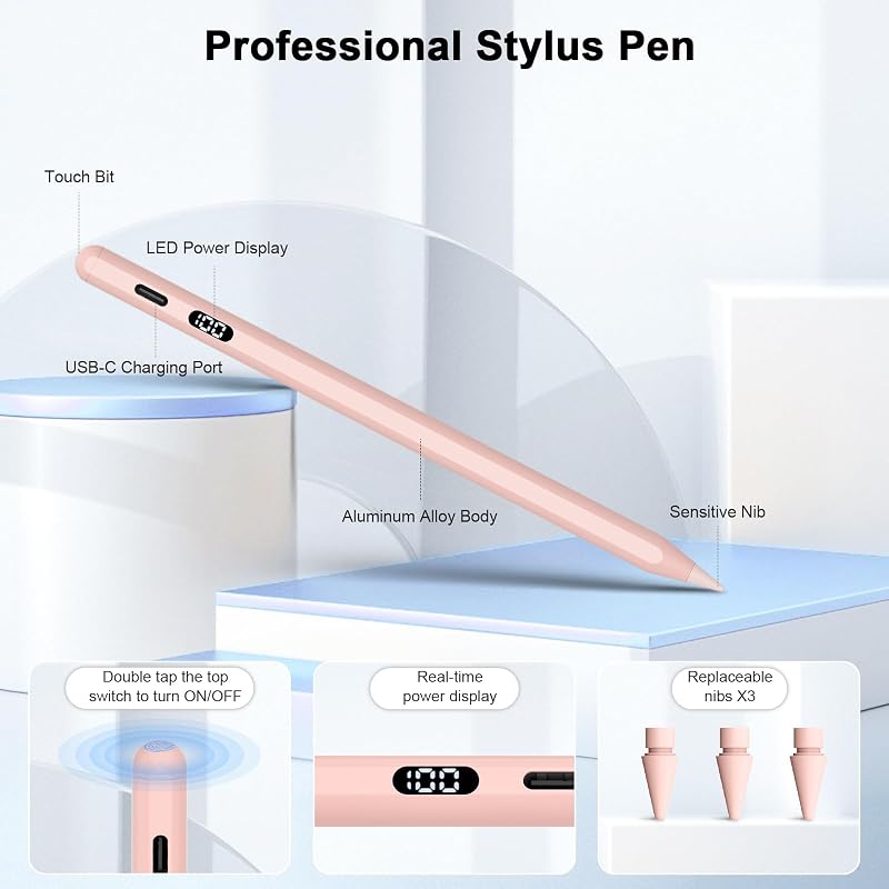 KOKABI 2. Generációs iPad Ceruza LED Kijelzővel - Érintőtoll USB-C Töltéssel, Tenyértámogatással, iPad Pro, Air, Mini Kompatibilis Stylus