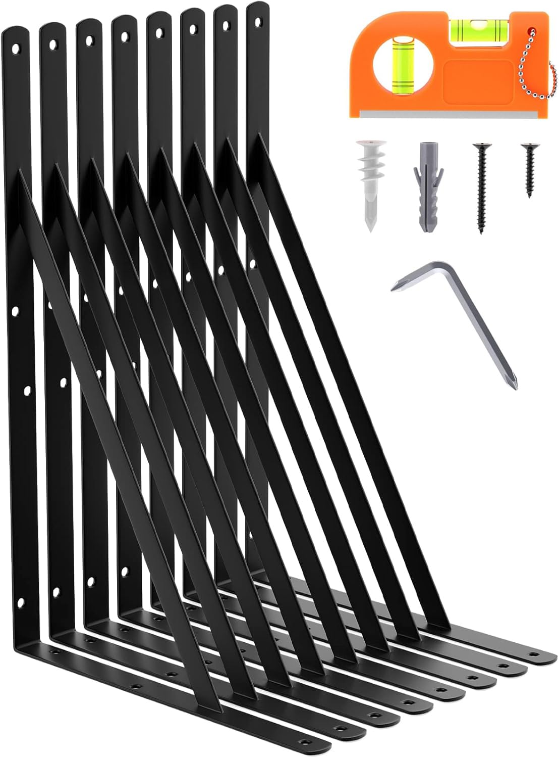 8-Pack 14 Inch Heavy Duty Shelf Brackets, Large Floating Wall Bracket for Garage Storage Shelves, Black Powder-Coated Finish, Load Capacity 800lbs