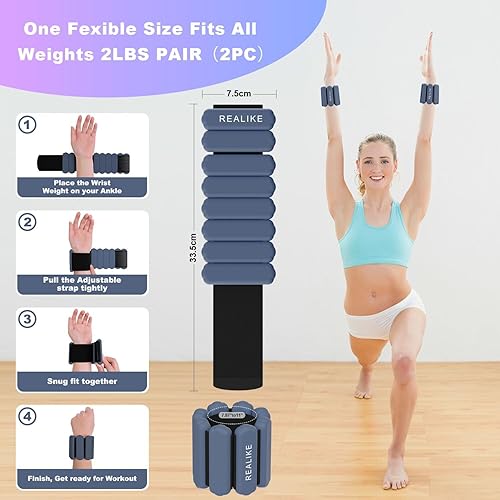 Miniatura 4 de REALIKE Pesas de muñeca y tobillo para mujer, juego de 2 pesas ajustables de silicona (1 libra cada una) para caminar, yoga, pilates, aeróbicos,