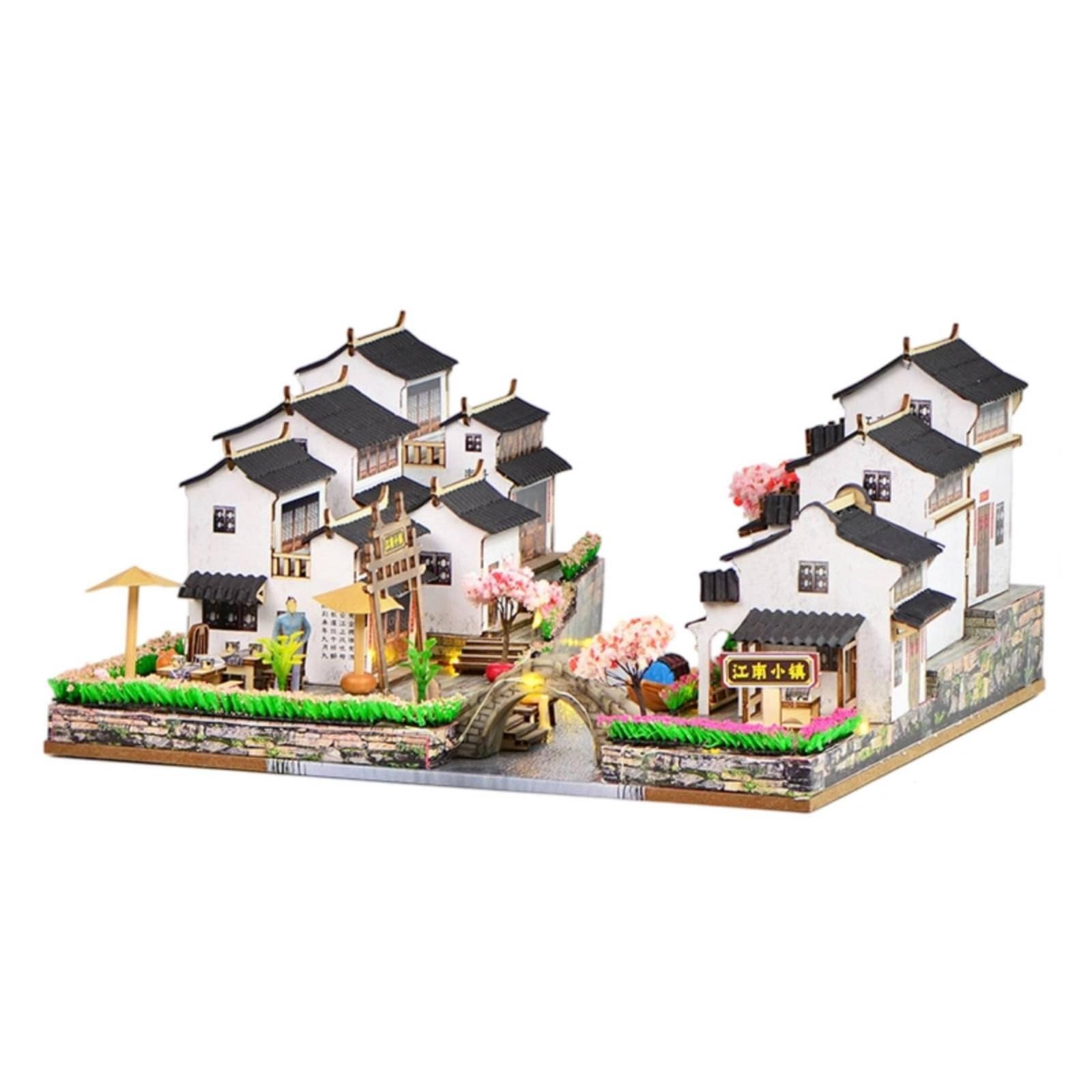 Modellino di Casa Cinese con Ponte Creativo Modellino in Legno Compatto Diorama in Miniatura per Hobbisti, Libreria, Studio, 江南小镇1号BM381