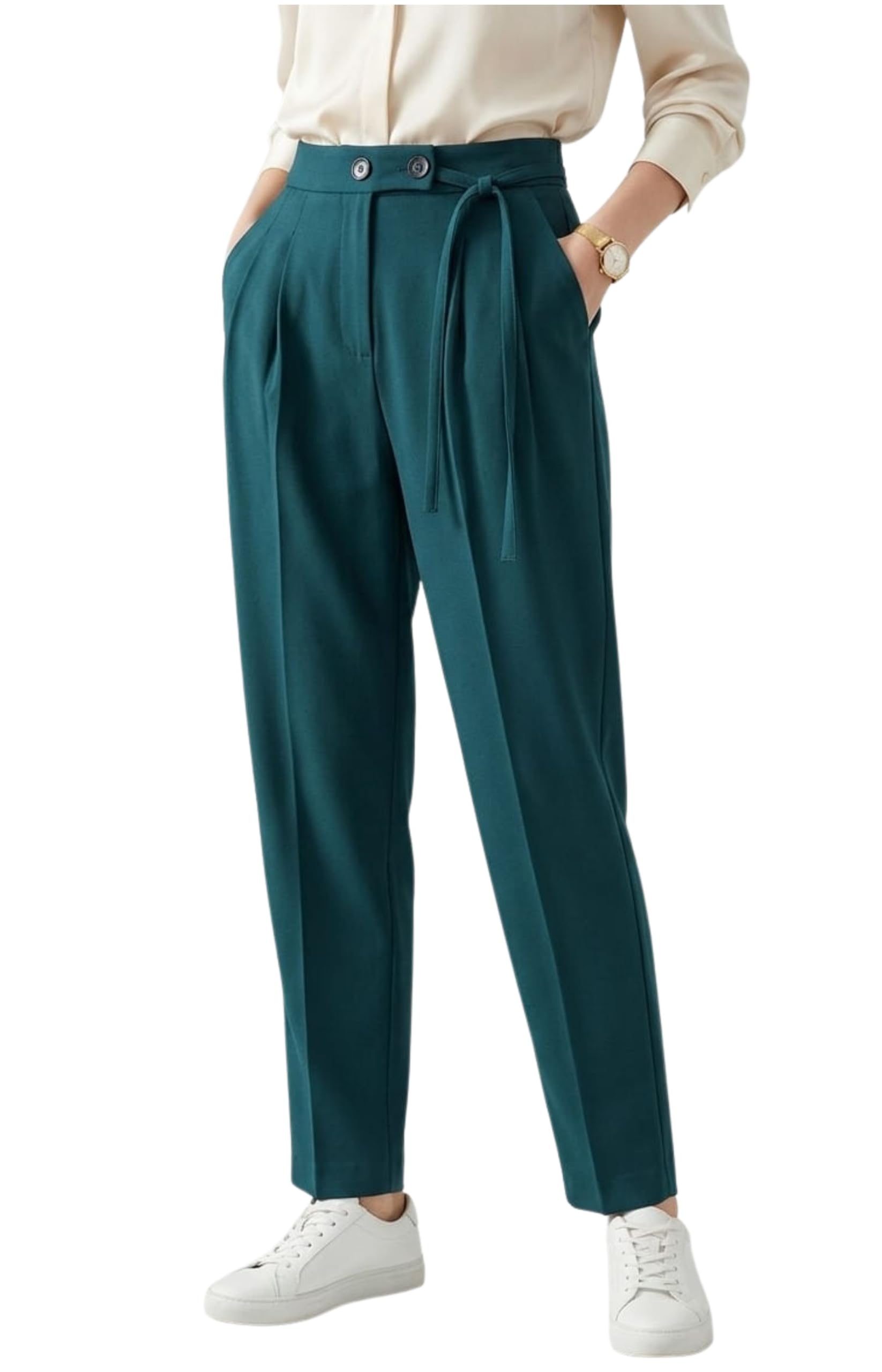 Women's Cotton Blend Fabric High-Waist Slim Fit Formal Trousers with Tie-Up Waist Belt-image-20