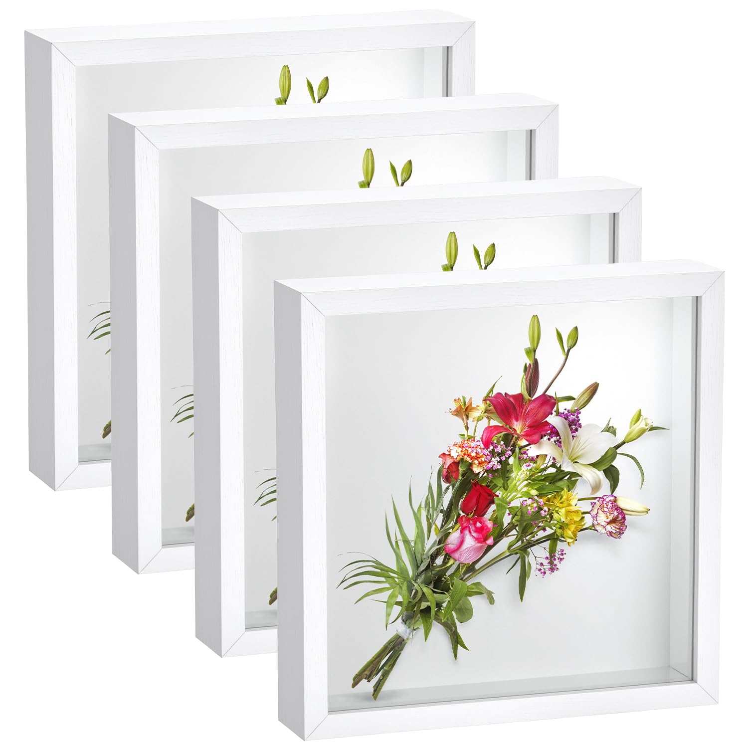 QWORK 8 x 8in Shadow Box Picture Frames, MDF Wood with Acrylic Front, 4 Pack Square Shadow Boxes Display Cases for Photos, Crafts, and Keepsakes