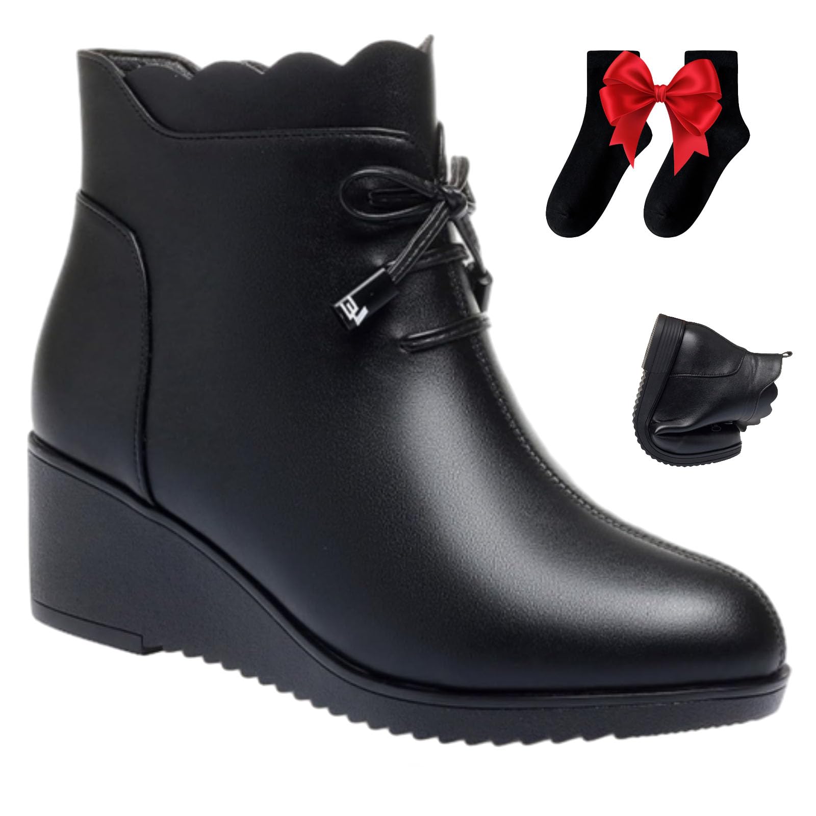 Botines ortopédicos de piel auténtica con cordones para mujer, con plataforma de cuña, botas de invierno cálidas con cremallera lateral y forro de piel