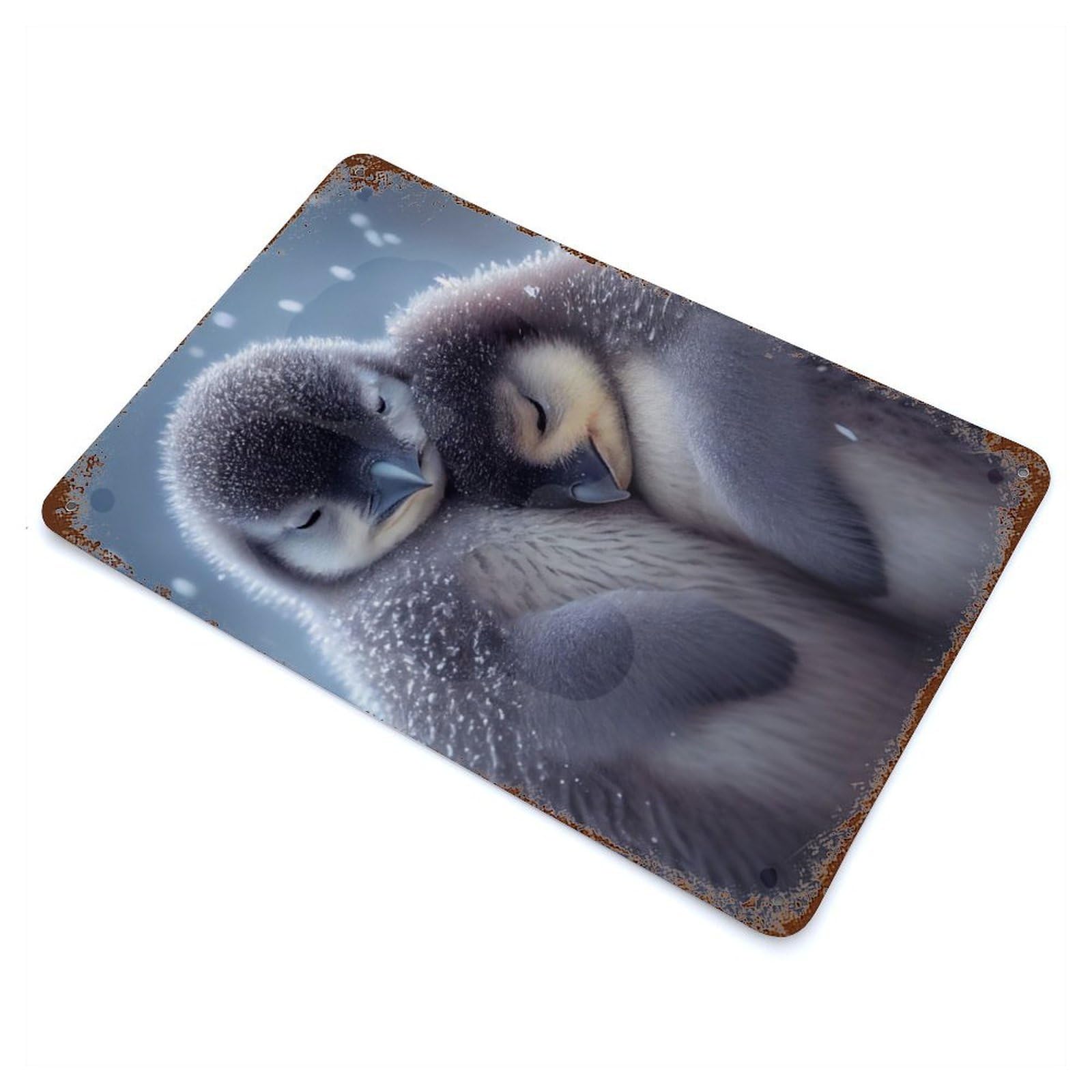 Penguin Cuddle Aged Metal Wall Plaque 11.8"x7.9", Industrial Home Decor for Pub, Kitchen And Man Cave Decor