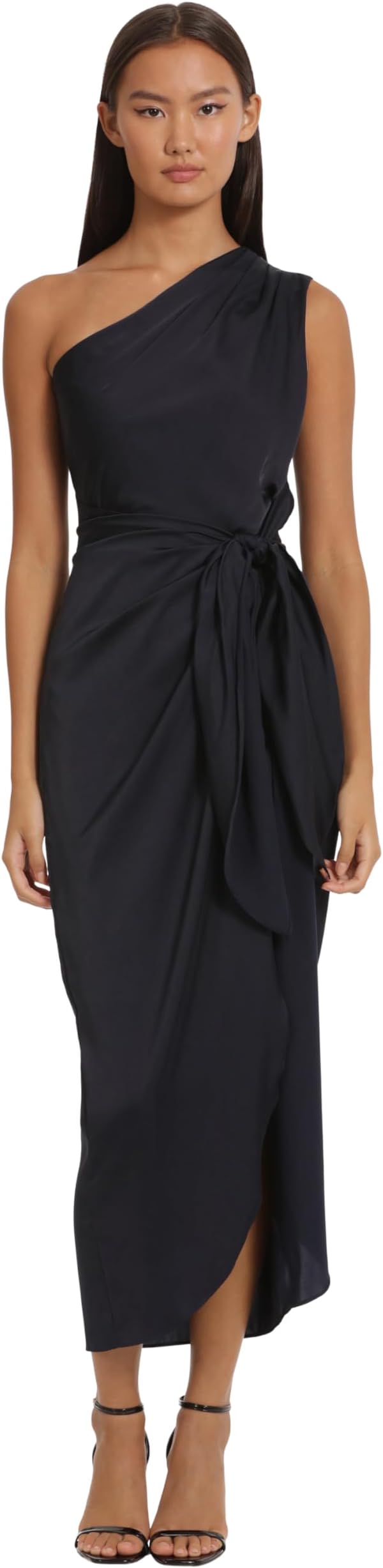 Donna MorganWomen's One Shoulder Faux Wrap Light Charmeuse Maxi with Tie Waist Occasion Event Party Guest of