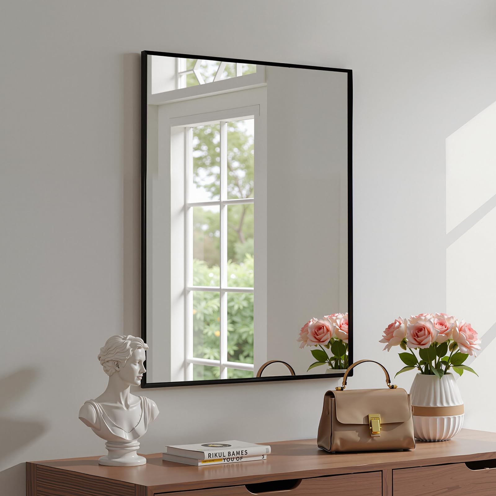 Heilmetz Large Dressing Table Mirror 600 x 800mm, Bathroom Wall Mirror Straight Black Frame Mirrors, Rectangular Hollywood Vanity Mirrors Wall Mounted