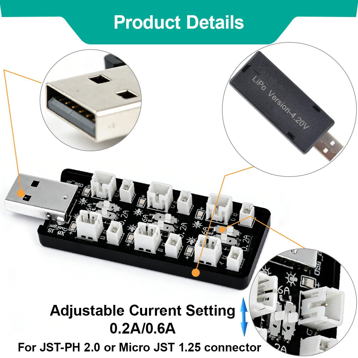 1S LiPo ładowarka USB 3,7 V/4,20 V 6-kanałowa 1S-LiHV ładowarka 6 w 1-Micro-JST-1,25-JST-PH-2,0-mCX-mCPX z przedłużaczem USB do Tiny Whoop Blade Inductrix