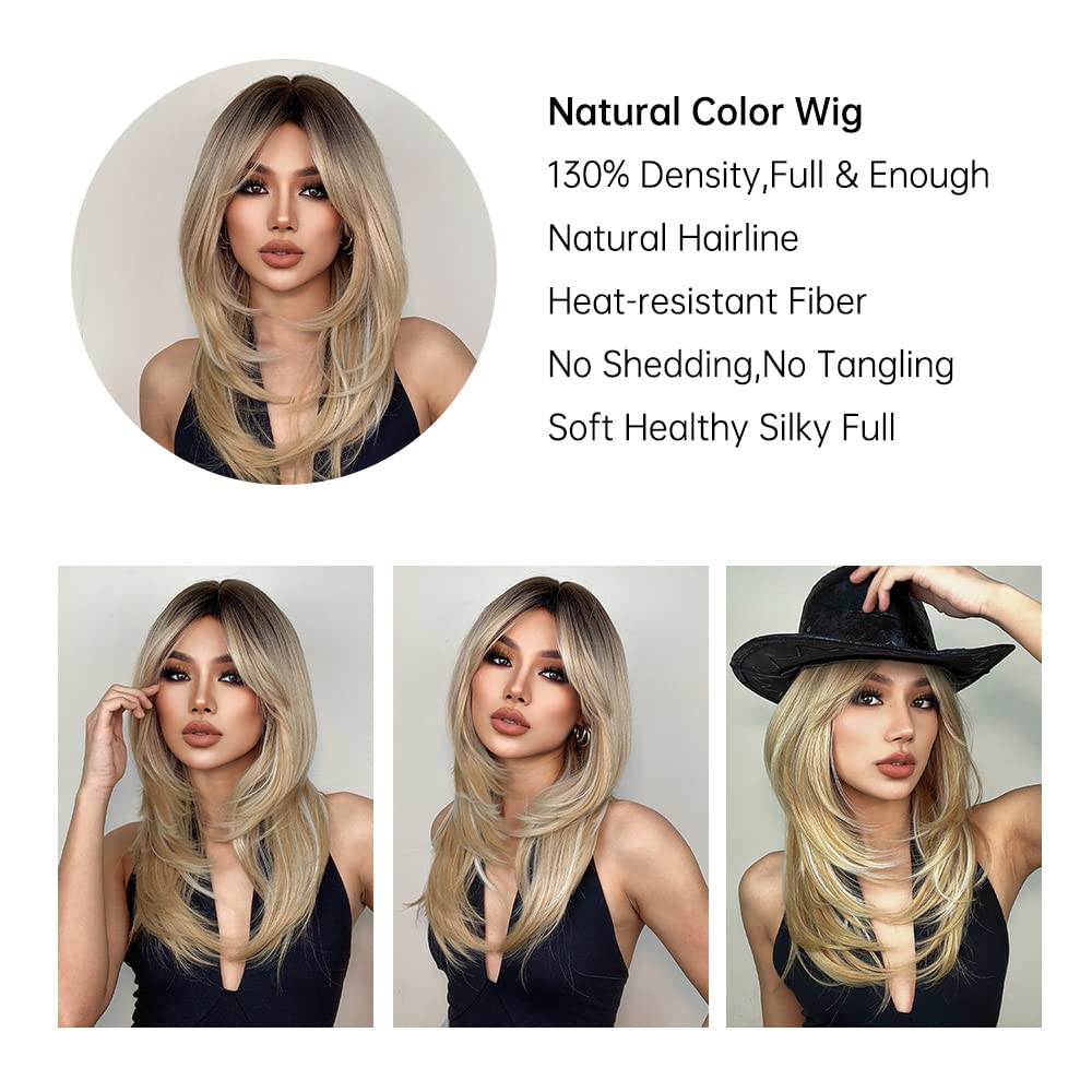 EMMOR Brown Wigs for Women,Long Layered Wigs with Curtain Bangs Heat Resistant Synthetic Fibre Wigs(Mixed Brown) - Image 3