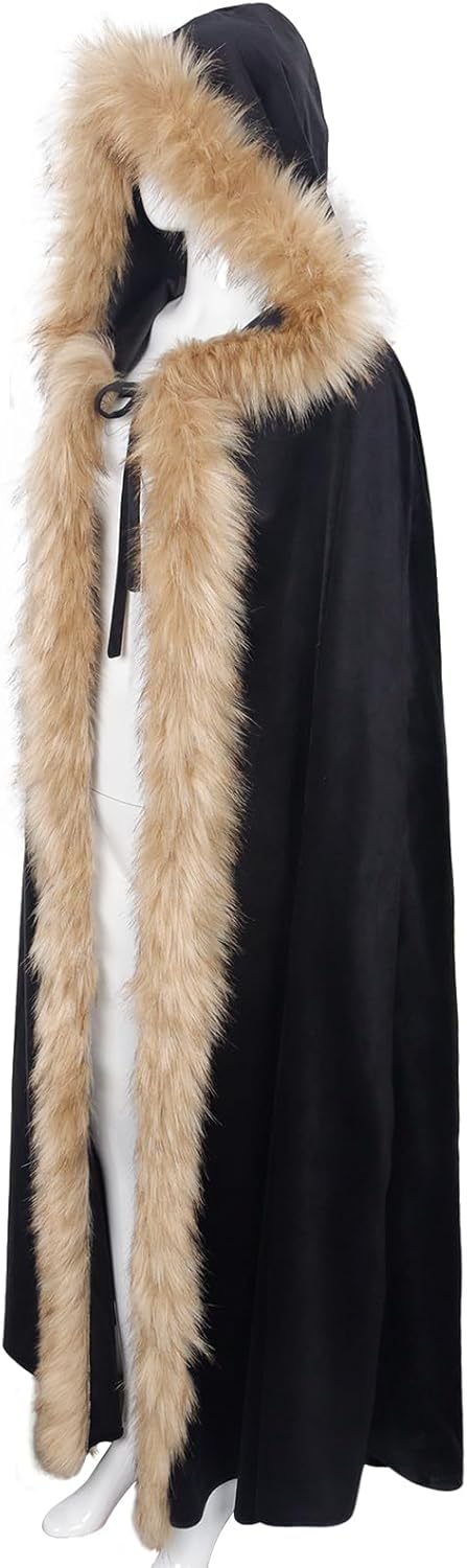 L'VOW Viking Fur Cloak with Hood Fur Hooded Cape for Women Men Ren Faire Medieval Cosplay - Image 8