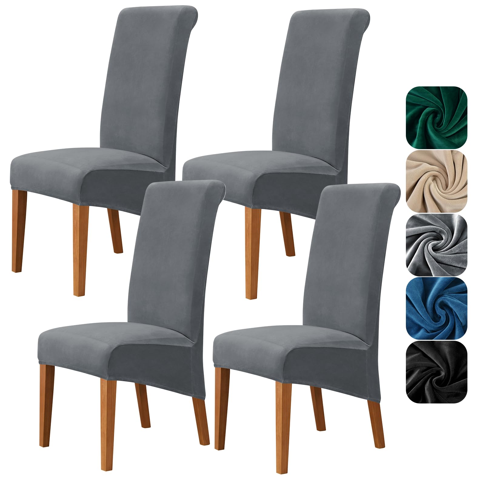Alishomtll High Back Chair Covers Set of 4, Stretch Velvet XL Dining Chair Slipcovers, Large Size Washable Removable Chair Protector for Dining Room Kitchen Banquet Wedding Party (Grey, 4psc)