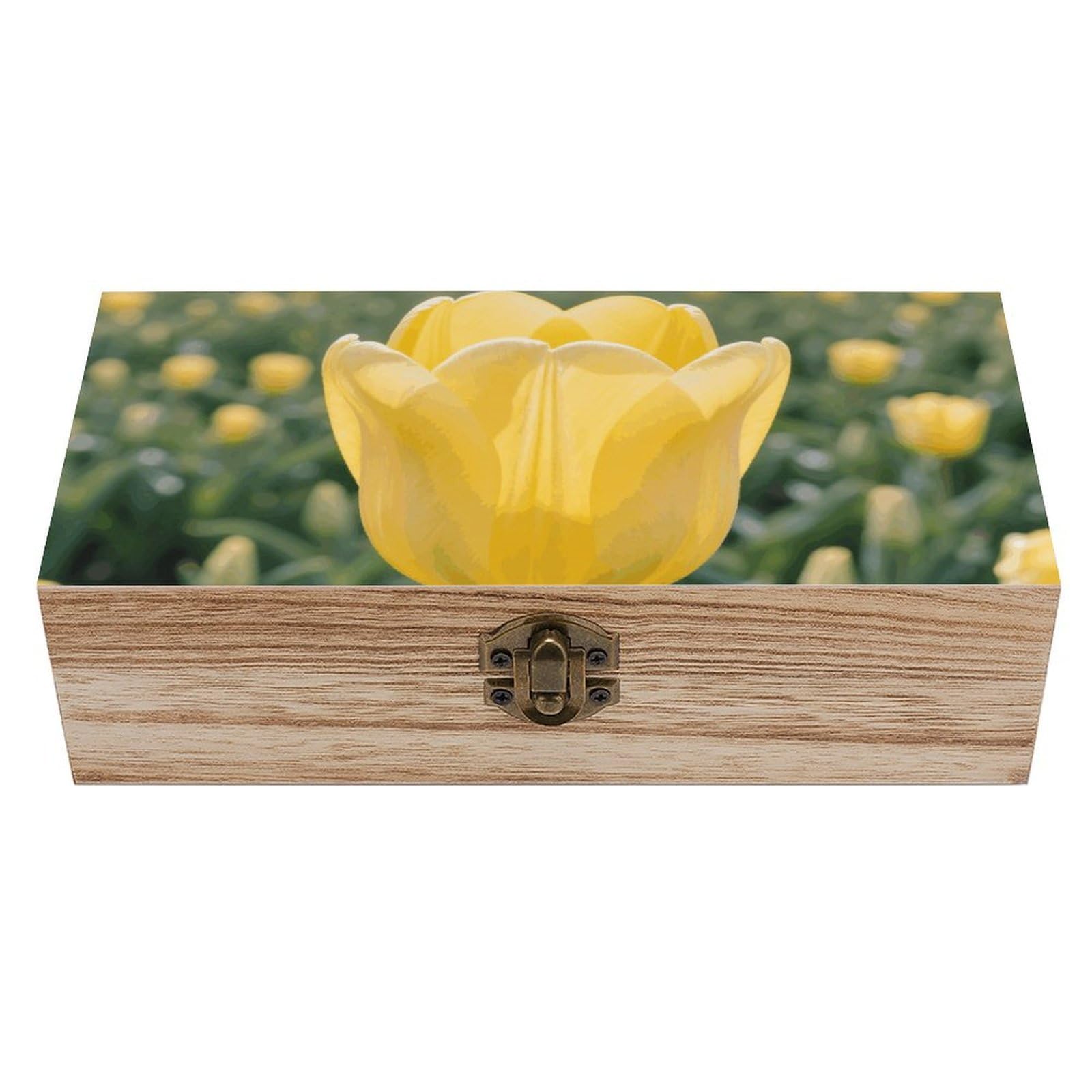 asbwuo Yellow Tulip Wooden Keepsake Box Storage Boxes with Hinged Lid