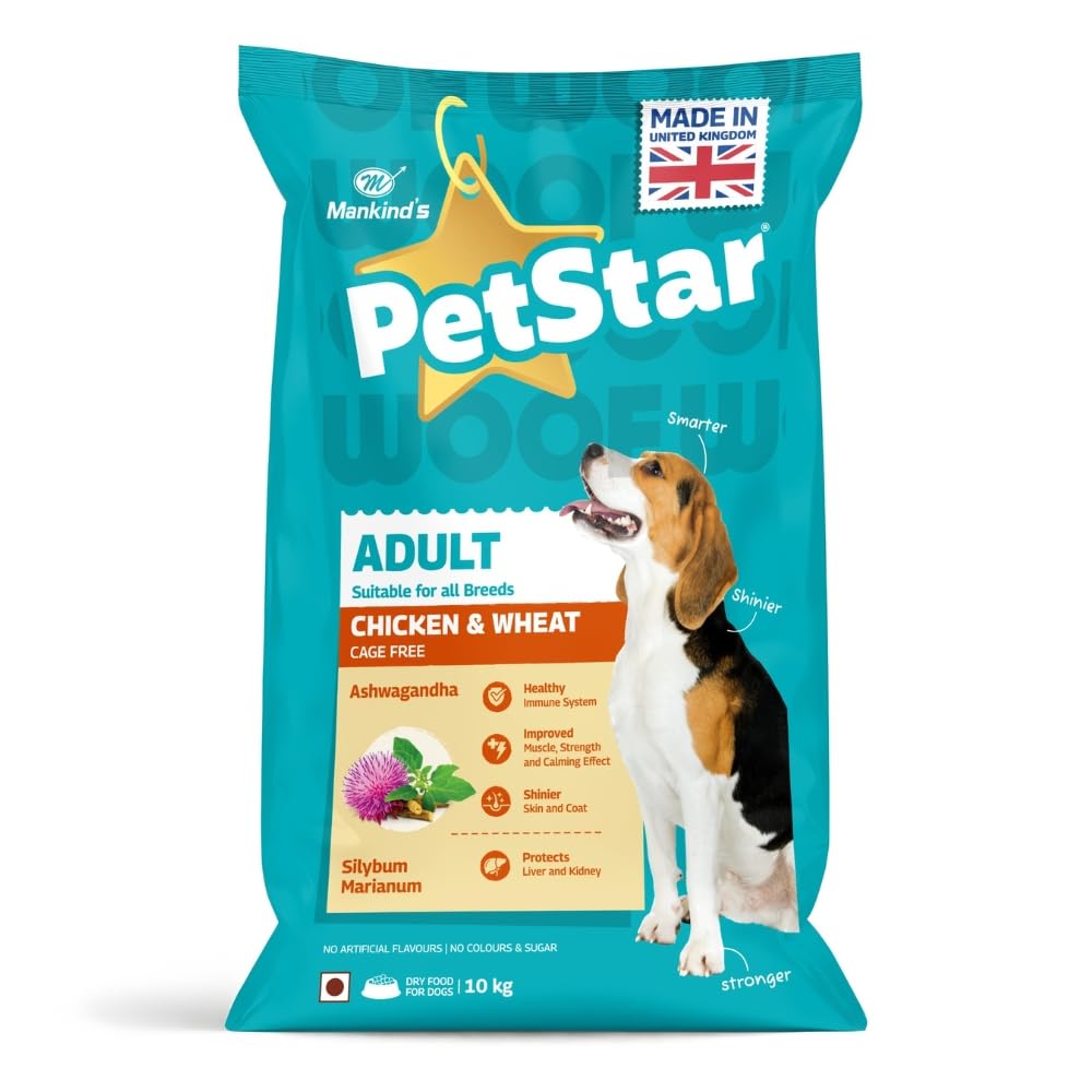 Mankind Petstar Adult Dry Dog Food (High Protein) Chicken & Wheat Flavor, 10kg Pack | Improves Muscle & Strength, Supports Immunity, Protects Liver & Kidney