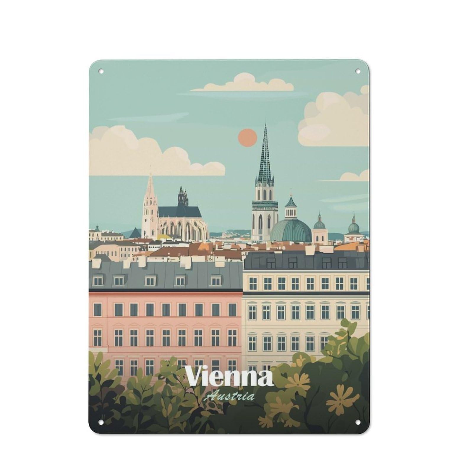 Junmoney Style-22 Vienna, Austria Cityscape Illustration Retro Tin Wall Plaque 40X30cm For Home Office Or Studio, For Cooler-Month Interiors With Retro Character