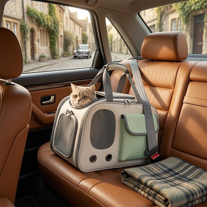 Transportín Perros Gatos para Subaru Impreza 2000-2026 Asiento Trasero Coche Bolsa de Transporte Plegable Bandolera Viaje Rejilla Transpirable,Beige/Green
