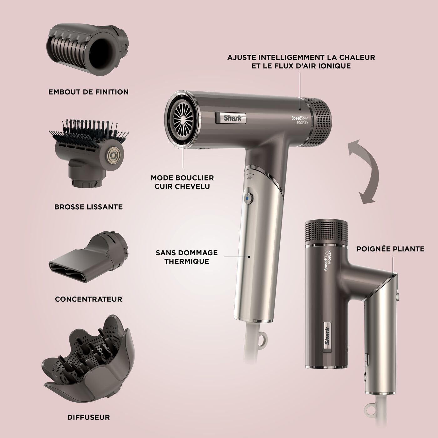 Shark sèche-Cheveux SpeedStyle Pro Flex Ultra-performant et Ultra-Rapide, 4 Embouts de coiffage, léger, ionique, sans dommage Thermique, poignée Pliable, Tous Types de Cheveux, Moka Argent HD542EU