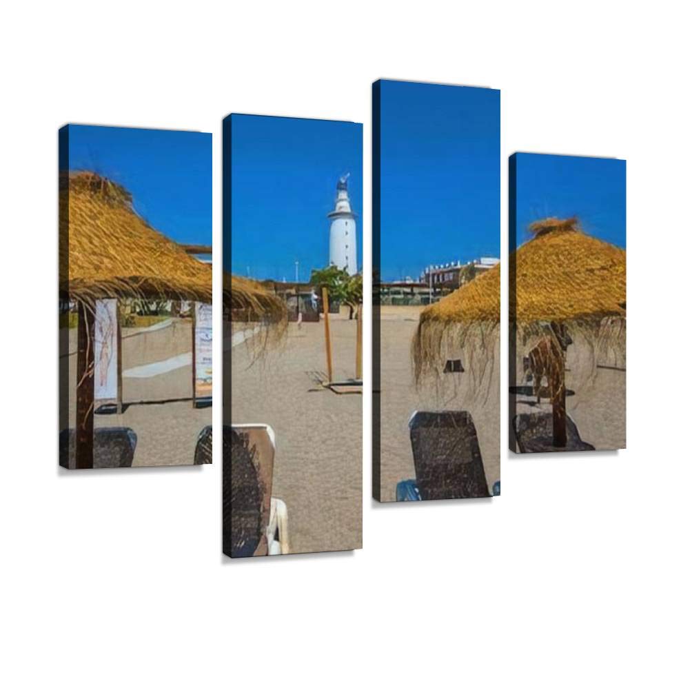 MALAGA, SPAIN June 2019 Malaga Lighthouse, La Farola on sunny Canvas Print Artwork Wall Art Pictures Framed Digital Print Abstract Painting Room Home Office Decor Ready to Hang 4 Panel