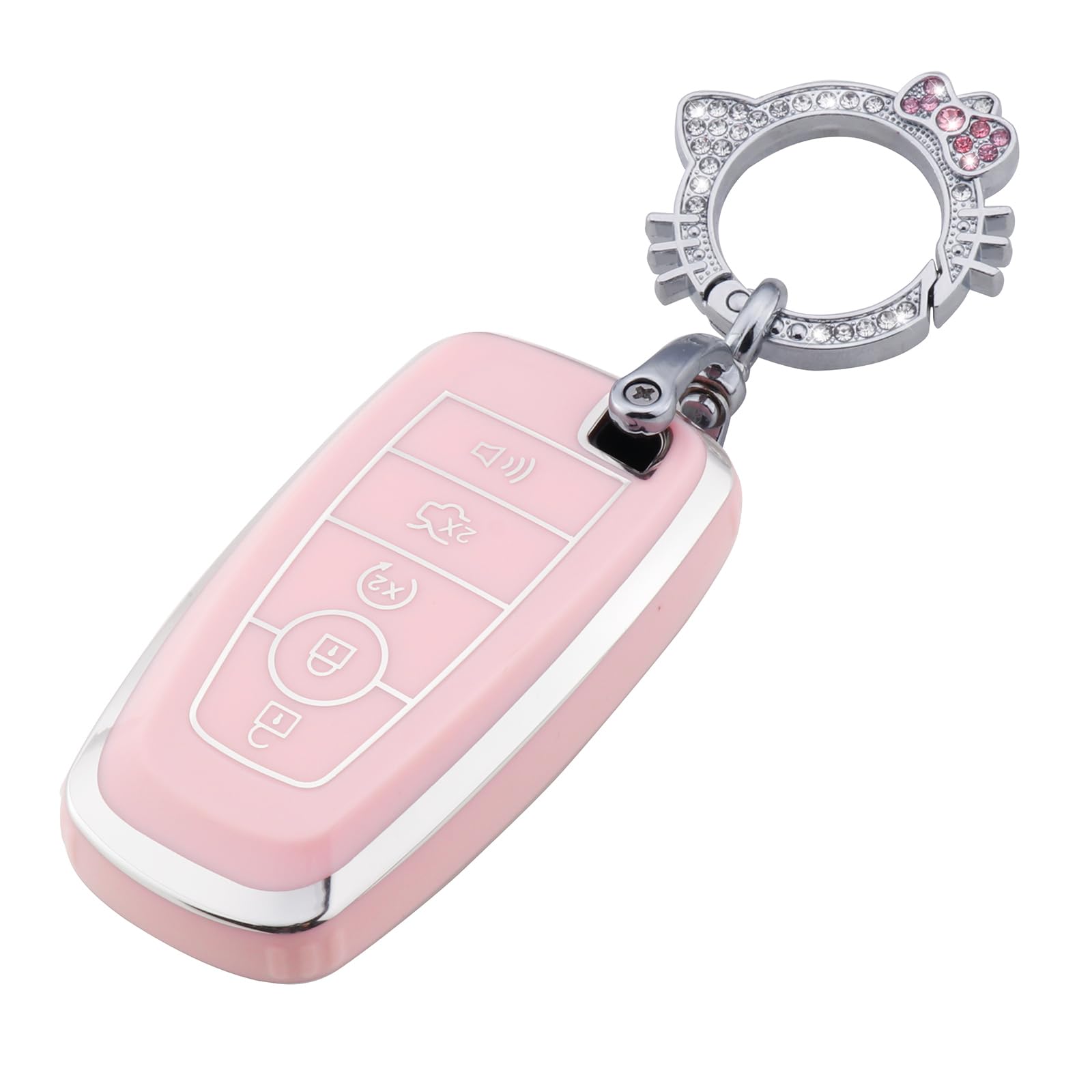Pangpai Pink Key Fob Cover for Ford, Soft TPU Key Case Protection with Bling Keychain Fit for Edge Escape Expedition Explorer Fusion Mustang Ranger F-150 F-250