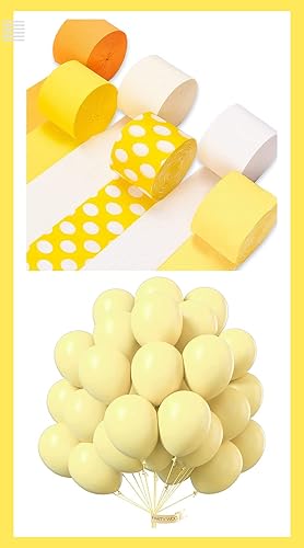 PartyWoo Globos amarillos 50 piezas y serpentinas de papel crepé, 6 rollos