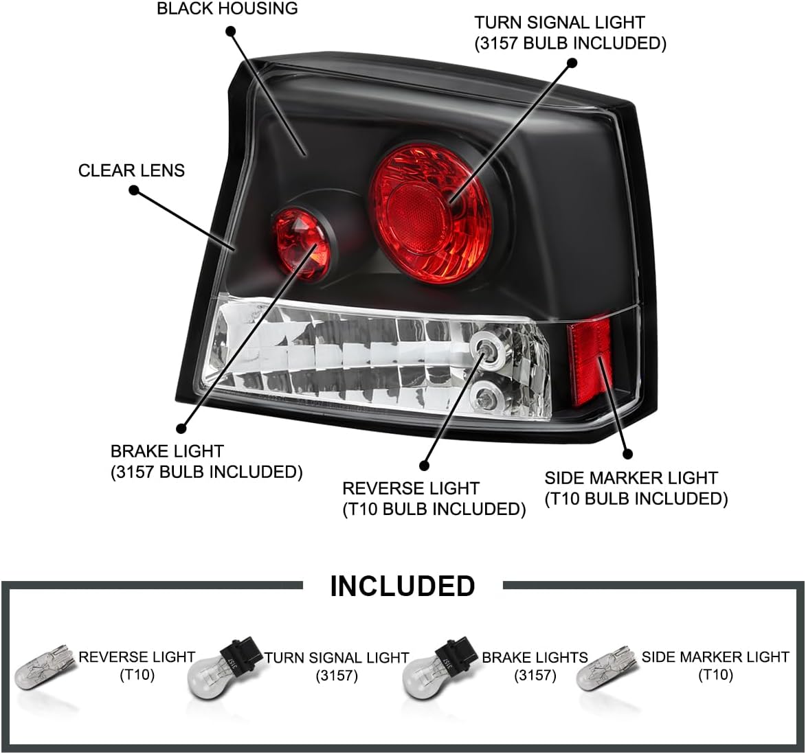 SPEC-D TUNING Black Housing Clear Lens Tail Lights Compatible with 2005-2010 Dodge Charger, Left + Right Pair Assembly
