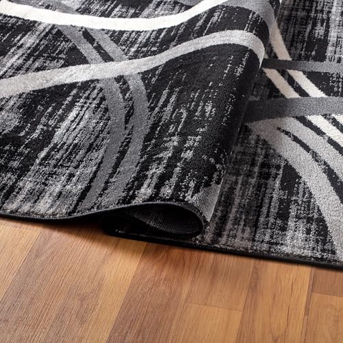 Rugshop Modern Wavy Circles Design Round Rug 6' 6" (6' 6" Diameter) Black