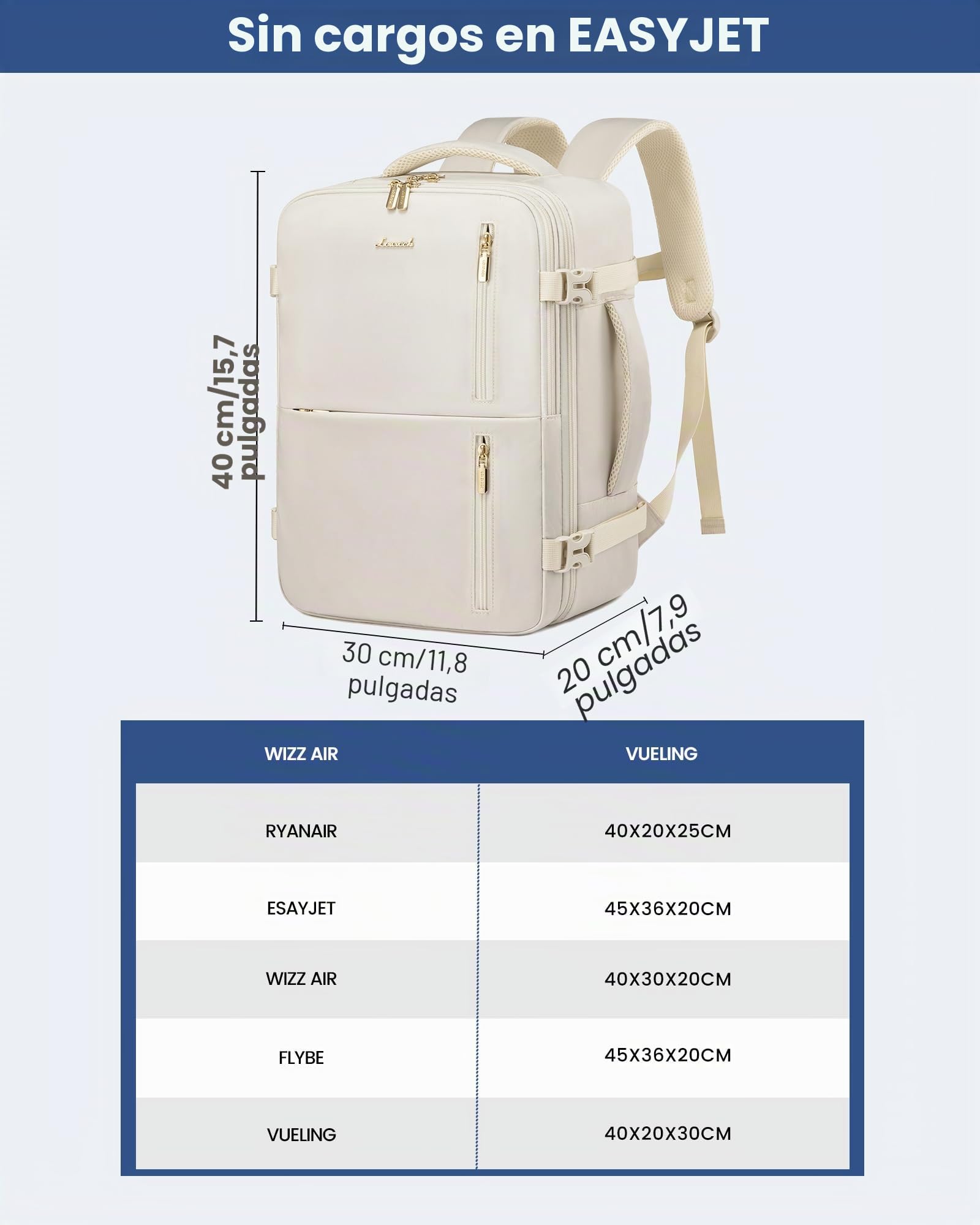 LOVEVOOK Mochila Cabina Avion 40x20x30, Ryanair Vueling, Mochila Viaje Mujer Hombre 24L, Impermeable, con puerto USB, Maleta de Mano, Travel Backpack 14”, Trabajo Negocios Escuela, Blanco
