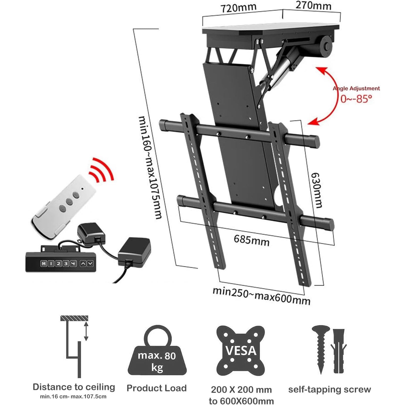 Support TV motorisé pour Plafond - Ce Support TV motorisé est Compatible avec Les téléviseurs de 50 à 90 Pouces, avec Une Inclinaison motorisée de 0 à 85° et Une té,