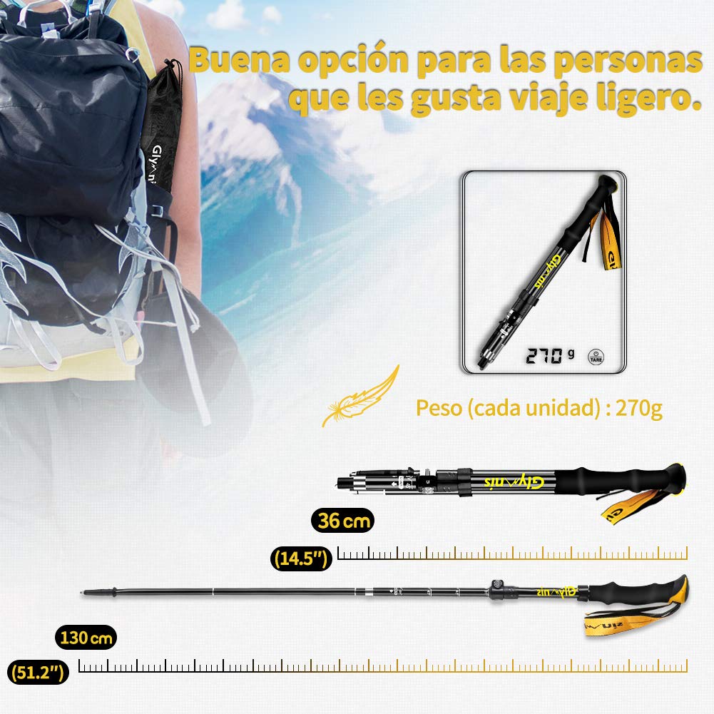 Glymnis Bastoni Trekking Bastoncini da Trekking Pieghevoli e Antiurto 110-130cm 5 Senzioni in Alluminio 7075 Impugnatura in Eva Punta in Carburo di Tungsteno Perfetti per Escursioni 1 Paio
