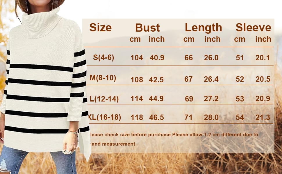 Image of Women's Turtleneck Oversized Sweaters Long Sleeve Split Hem Striped Knit Pullover Tops