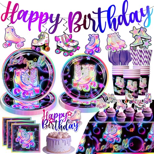 Yingoto 189pcs Roller Skating Party Supplies Tableware Set, Roller Skate Party Decorations Include Banner Plates Napkins Cups Tablecloth for Birthday Party, Birthday Decorations for Girl
