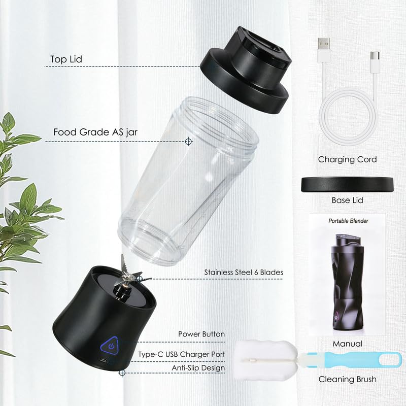 Personal Blender kabelloser Mini-Mixer, kabellos, 360 Watt, tragbarer Mixer, für Smoothies, frisch gepresste Säfte, 6000 mAh, selbstreinigend und BPA-frei, tragbarer Entsafter mit 6 scharfen Klingen