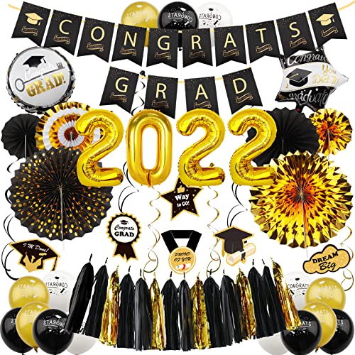 Recosis Abschlussfeier Party Dekoration, Schwarz Gold Congrats Grad Abschluss Banner 2022 Folienballons Papier Fächer Girlande Abschluss Spiralen Ballons für Studium Universität Hochschule Abitur Cover