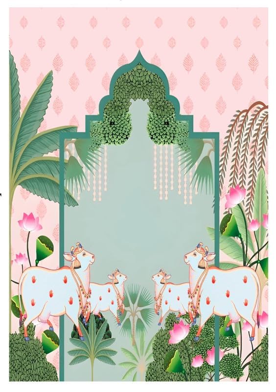 Image of varalakshmi vratham Backdrop| Traditional Backdrop Decoration Cloth | Cows Backdrop Cloths Decorations |pichwai Backdrop Cloth Decorations 8x6 feet Light Pink 4 Cows| Background Decoration Cloth