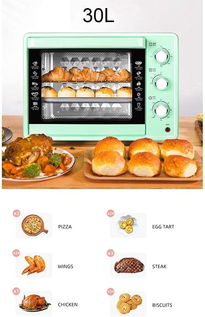 30L Mini Oven Adjustable Temperature 0-230℃ and 120 Minutes Timing Four-Layer Baking Position Household Baking Multifunctional Automatic Electric Oven for Baking Cakes and Bread with Accesso (Green)