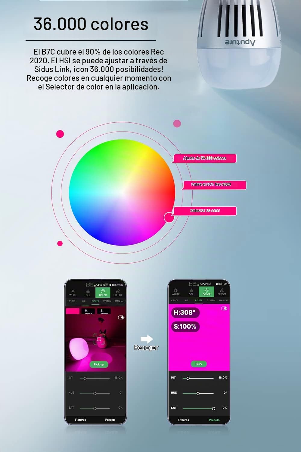 Aputure Accent B7C Bombillas Led Inteligentes 7W RGBWW, TLCI 96+ CRI 95+ 2.000-10.000K, Modo CCT/HSI/FX con Control de la App Sidus Link, Batería Incorporada/Alimentación de CA a Través de E26/E27