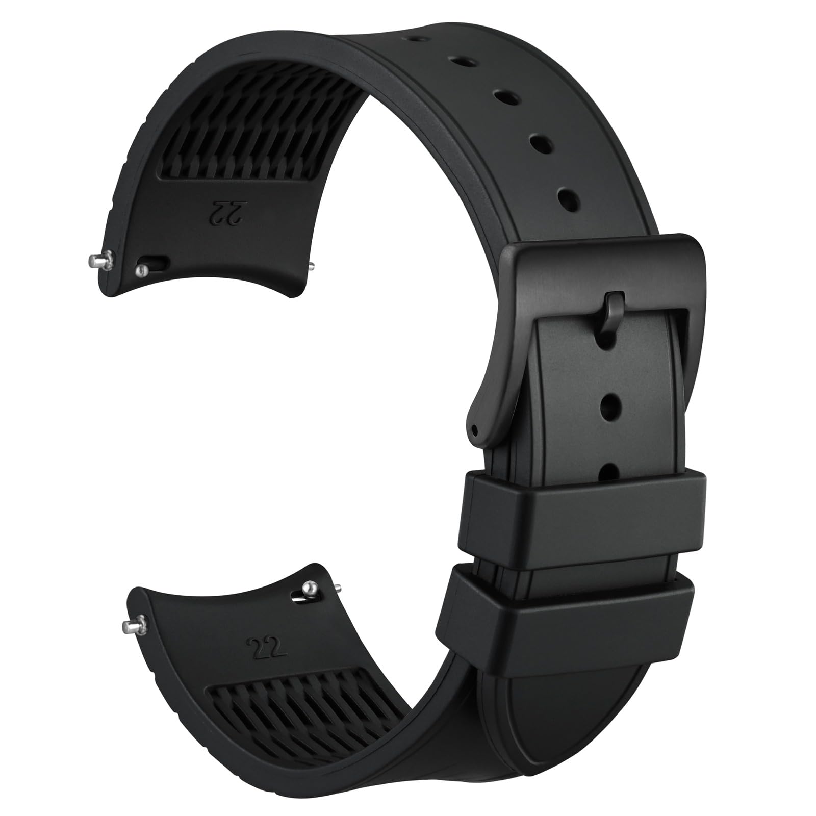 WOCCI 22mm Watch Band, Curved End, Silky Touch Silicone, Black Buckle (Black)