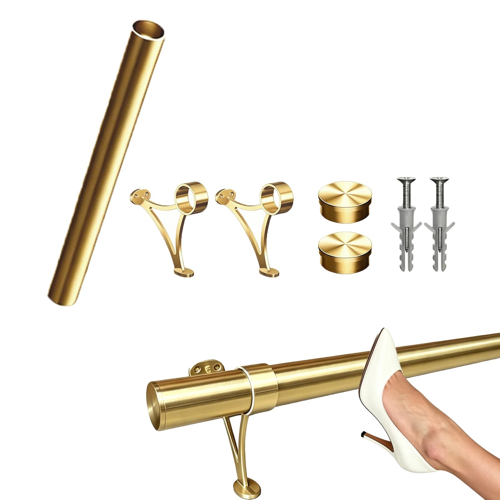 Jievmrs Brushed Gold Foot Rail Kit Bar Bracket Under Counter, Wall & Floor Mount Round Foot Railing for Barstools, Coffee Shop Undercounter Hardware System(5ft/152cm)