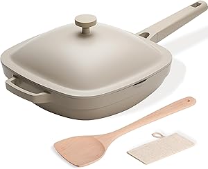 USELUCK 10.5 Inch(3.8QT) Ceramic Pan with Lid,Non Stick Frying Pans Cast Aluminum Deep Sauté Pans,Ti-Ceramic Non Toxic Pix Pan with Wooden Spatula and Scrubber-Morning Mist