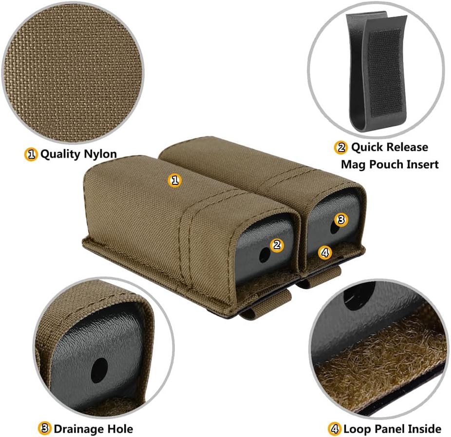 KRYDEX Single/Double Pistol Mag Pouch, Nylon Magazine Pouch 9mm with Quick Release Magazine Pouch Insert