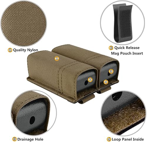 Miniatura 43 de KRYDEX Bolsa de pistola sola/doble Mag, bolsa de nylon 0.354 in para revista con inserto de bolsa de revista de liberación rápida Bolsa Mag