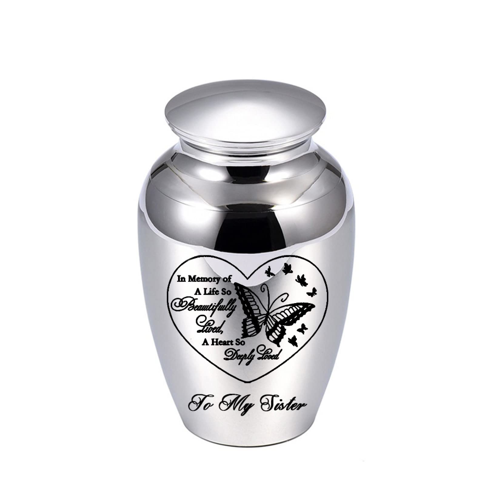 LZHLMCL Mini Urn 70Mm Aluminum Alloy Urn Jar Waterproof Urn Engraving Butterfly Cremation Urn Mini Urn For Human Ashes Keepsake Silver Sister