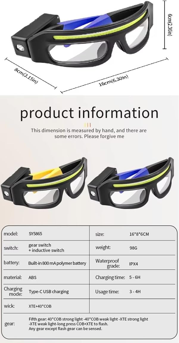 Omana Headlamp Torch Flashlight Glasses 5-Modes Gear Bright LED Beam Rechargeable Headlight Waterproof Motion Sensor Head Lamp Outdoor Camping Running Hiking Fishing Garage Adults (2-Pack)
