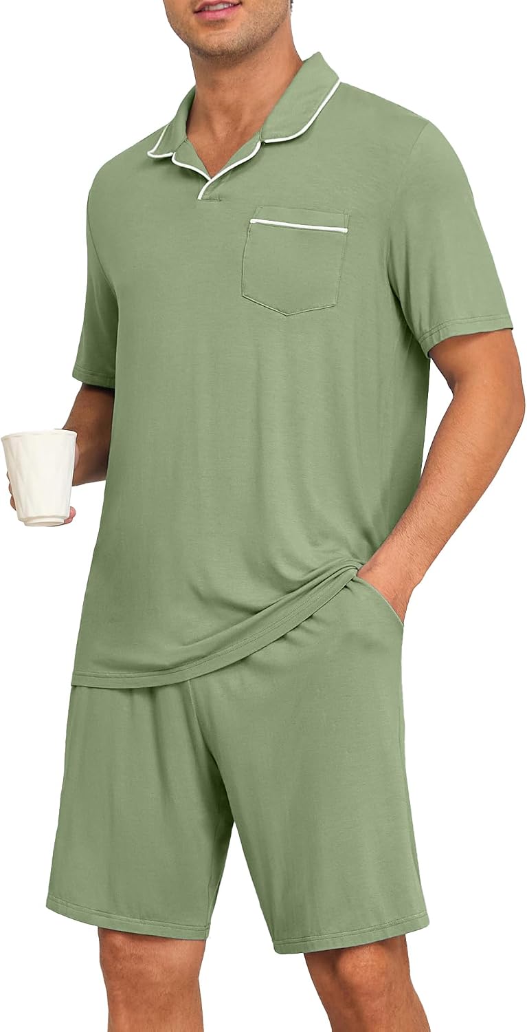 PrinStory Mens Pajamas Set Summer Pjs Sets Lightweight Short Sleeve Pajama Soft Sleepwear Loungewear with Pockets