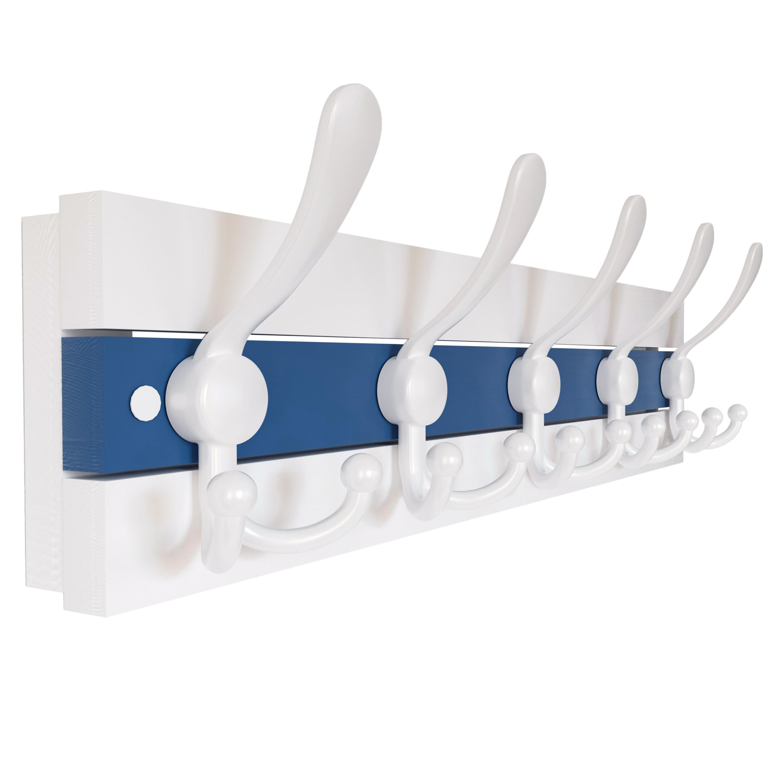 SKOLOO Coastal Wall Mounted Coat Rack - 43cm Beach House Entryway Wooden Coat Hook with 5 Hooks for Hanging Coats, Hats or Towels, Oceanfront Cottage Core Collection, White & Blue