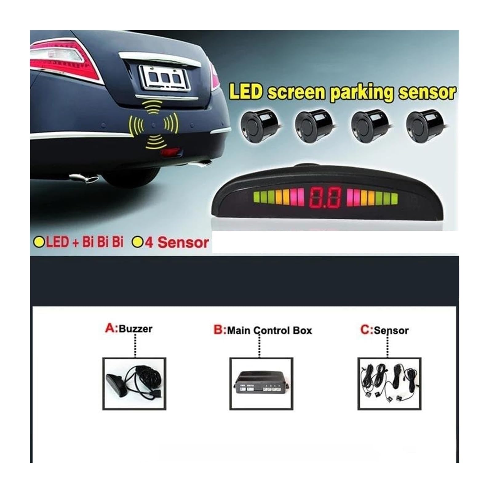 Kit Sensor Estacionamiento Radar Marcha Atrás Trasero para Coche Pantalla Retroiluminada Interruptor Detector Monitor 4 Sensor De Aparcami(Rojo)
