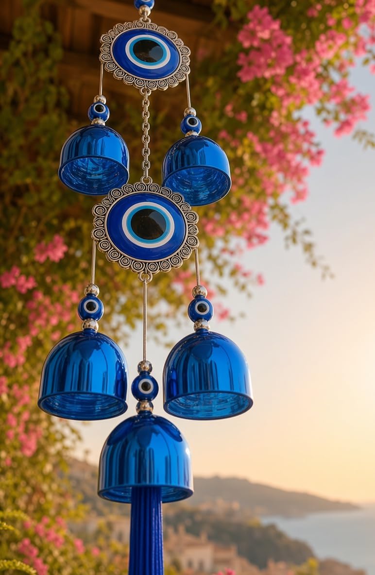 Paradigm Pictures 5 Bell Double Evil Eye Metal Wind Chimes Hanging for Home Decor | Vastu Feng Shui Positive Energy Decorative Hanging | Good Luck & Protection Door, Balcony, Garden Decoration Item 1