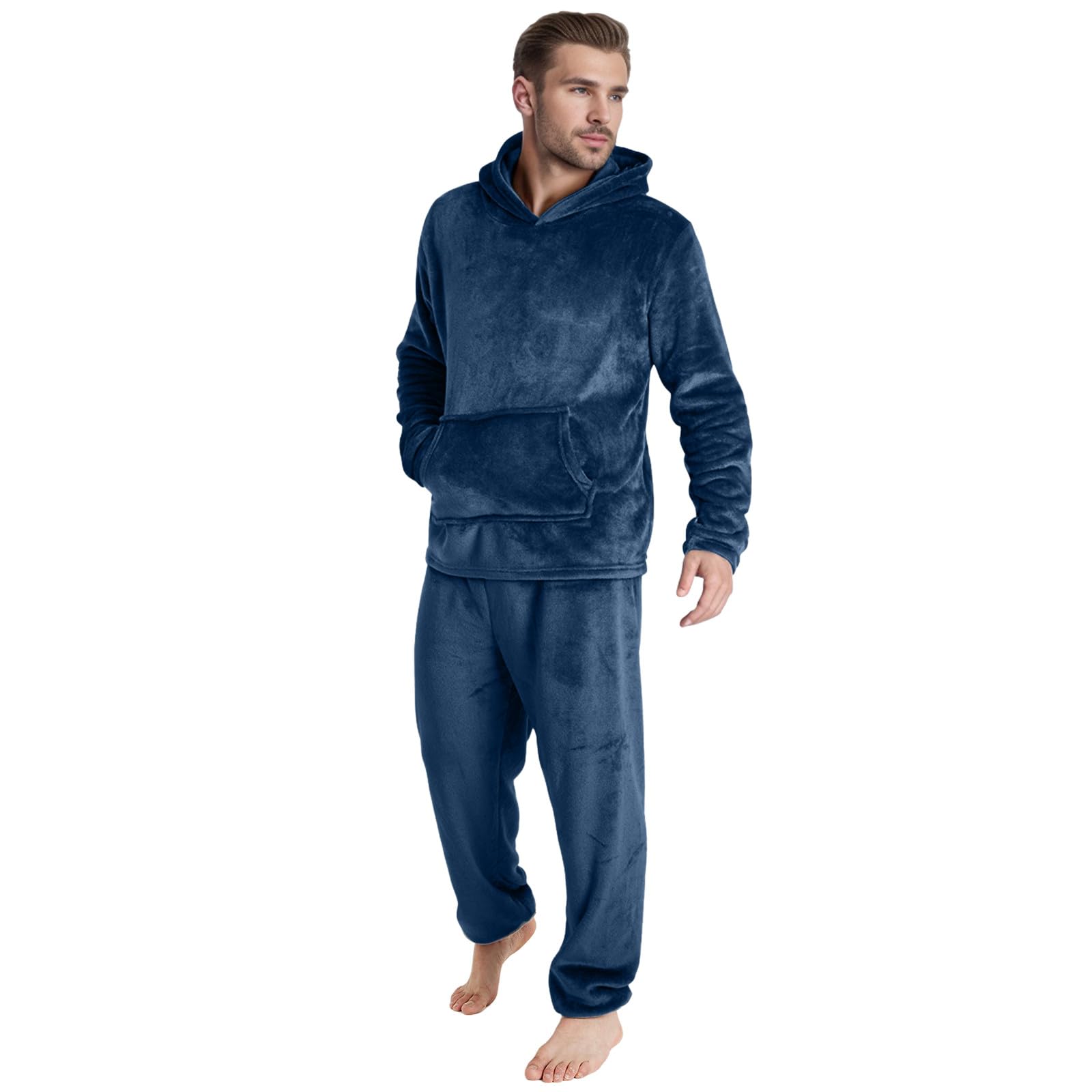 Generisch Pijama para hombre largo y grueso de franela con capucha y pantalón de dormir de dos piezas, pijama de dos piezas, traje de casa suave con bolsillo, invierno cálido y suave